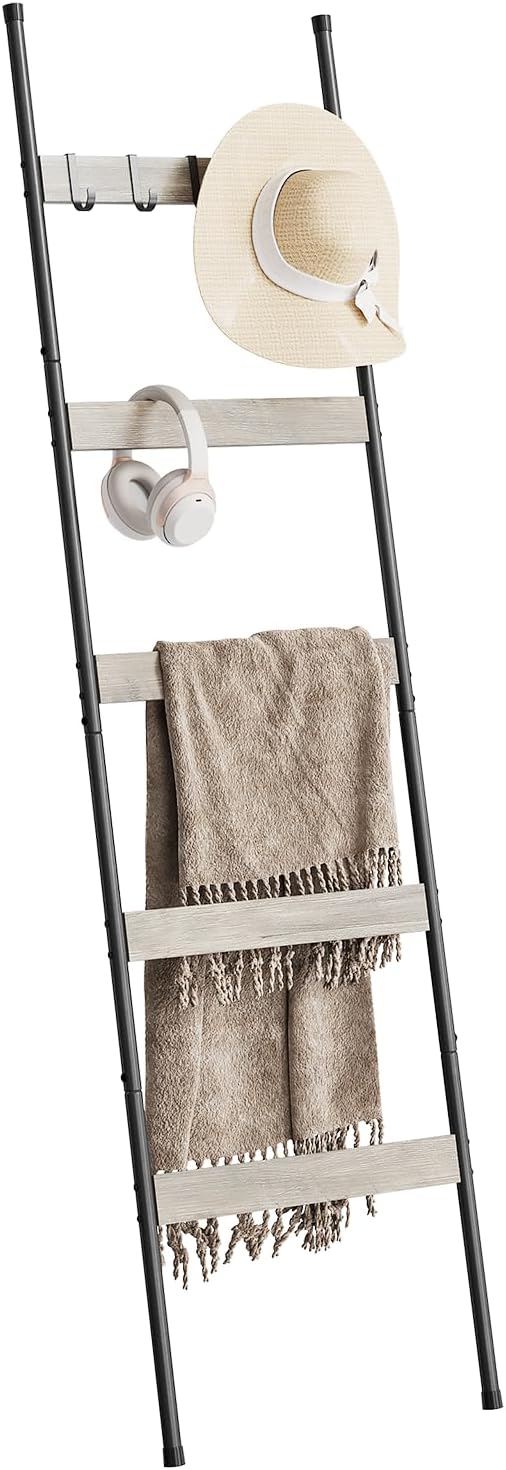 ELYKEN Blanket Ladder for Living Room, Farmhouse 5-Tier Quilt Holder with 4 Removable Hooks for Bathroom, Wood Towel Rack Dis