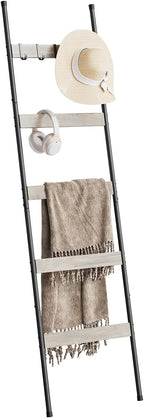 ELYKEN Blanket Ladder for Living Room, Farmhouse 5-Tier Quilt Holder with 4 Removable Hooks for Bathroom, Wood Towel Rack Dis