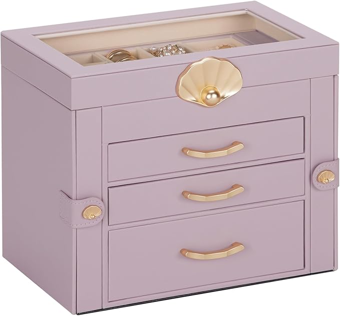 Enthralite Jewelry Box with 3 Drawers: Display Organizer for Earrings Necklaces - Gifts for Girls Women (Grey Purple)