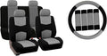 FH Group Car Seat Covers Flat Cloth Automotive Gray Full Set, Rear Solid Bench Universal Fit Combo Steering Wheel Cover & Seat Belt Pads Car Seat Protector for Cars Trucks SUV Interior Accessories