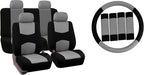 FH Group Car Seat Covers Flat Cloth Automotive Gray Full Set, Rear Solid Bench Universal Fit Combo Steering Wheel Cover & Seat Belt Pads Car Seat Protector for Cars Trucks SUV Interior Accessories