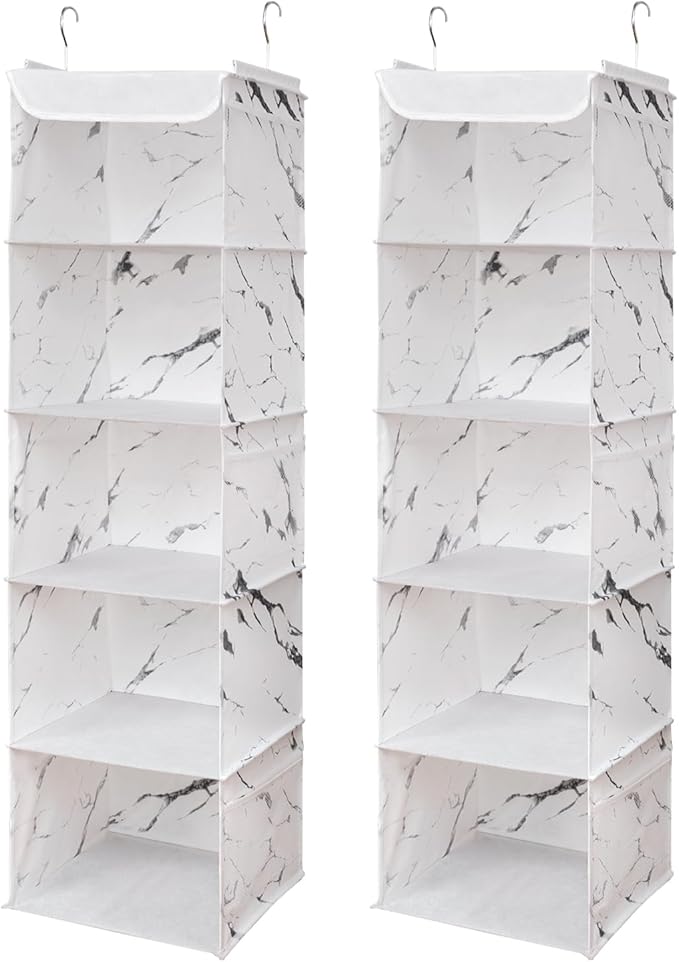BrilliantJo 5 Shelves Hanging Closet Organizer, 2 Pack Hanging Storage with 6 Side Pockets for Clothes Shoes, 43"x12"x12"(Mar