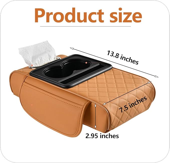 Car Armrest Cushion,5-in-1 Center Console Cover with 2 Storage Bags Cup Holder, Tissue Box Slot, Phone Slot for Sedans, Car Accessories Interior Organizers (Orange)