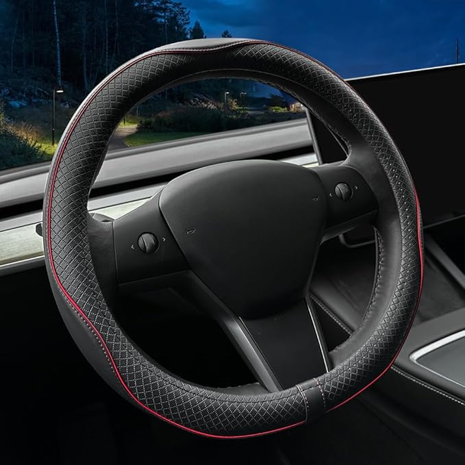 LKWLIKEI Nappa Leather Ultra-Thin Steering Wheel Cover, for Tesla Model 3/Y Steering Wheel Cover, Non-Slip Design and Interio