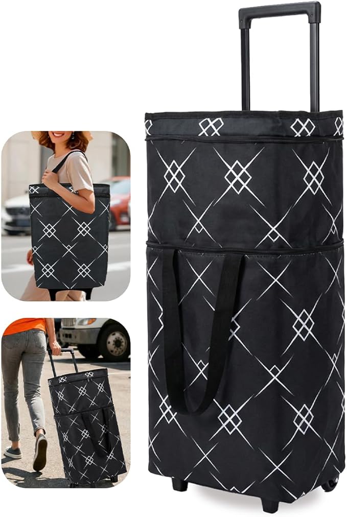 Foldable Rolling Bag, Portable Small Shopping Cart with Wheels, Collapsible Shopping Tote with Stylish Pattern for Market & Grocery Runs–Gift for Women & Seniors, Pro L, Black