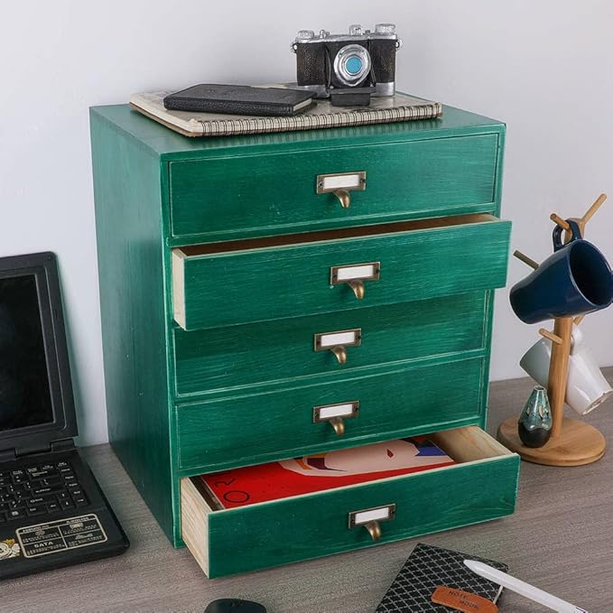 Desktop Drawer Organizer - Large Wooden Drawers Vintage Box with Drawers Paper Storage File Folder Organizer Library Card Cat