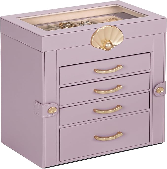 Enthralite Jewelry Box with 4 Drawers: Display Organizer for Earrings Necklaces - Gifts for Girls Women (Grey Purple)