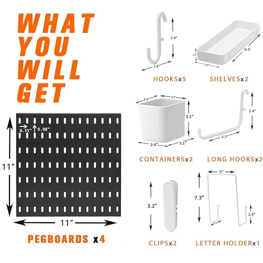 Pegboard Combination Kit, 4 Peg Boards Black Pegboard for Walls, Office Wall Organizer, Gaming Room Wall, Nursery Storage, 22