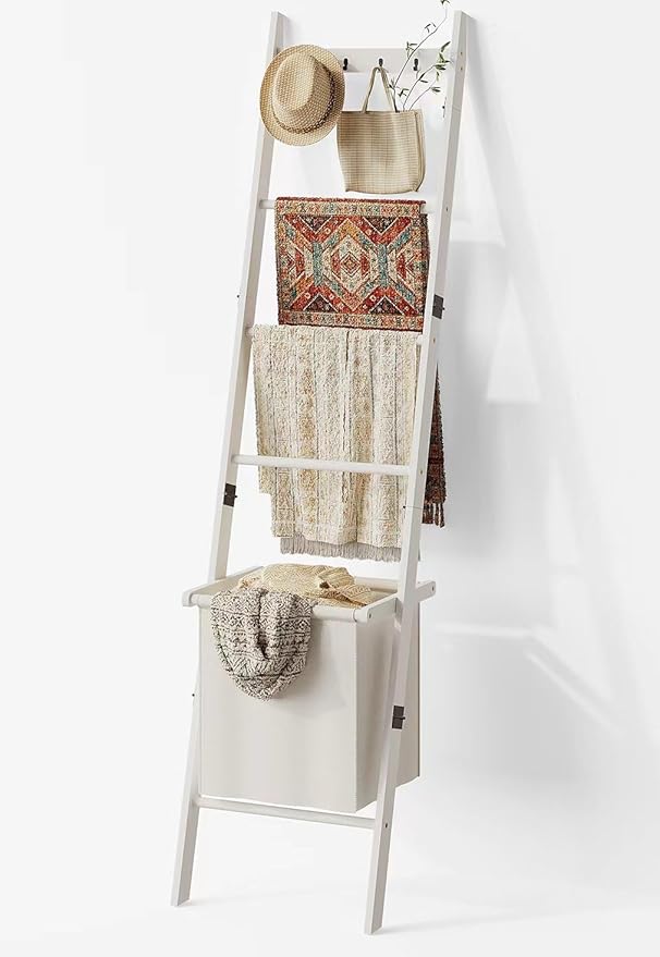 BAMBANG Bamboo Blanket Ladder with Basket, 5-Tier Quilt Rack Stand with 4 Hooks & Storage Hamper for Living Room Bathroom, Wa