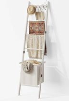 BAMBANG Bamboo Blanket Ladder with Basket, 5-Tier Quilt Rack Stand with 4 Hooks & Storage Hamper for Living Room Bathroom, Wa
