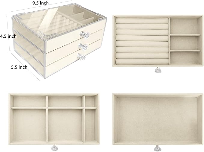 Clear Acrylic Velvet Jewelry Organizer with 3 Drawers, Stackable Display Storage Earrings Necklace Rings Bracelets Box Holder