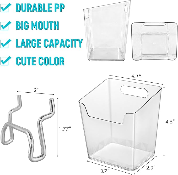 G.CORE Large Pegboard Cups Peg Board Storage Bin 6 Pack with Hooks, Square Box Shape Pegboard Cup Holder Accessories for Gara