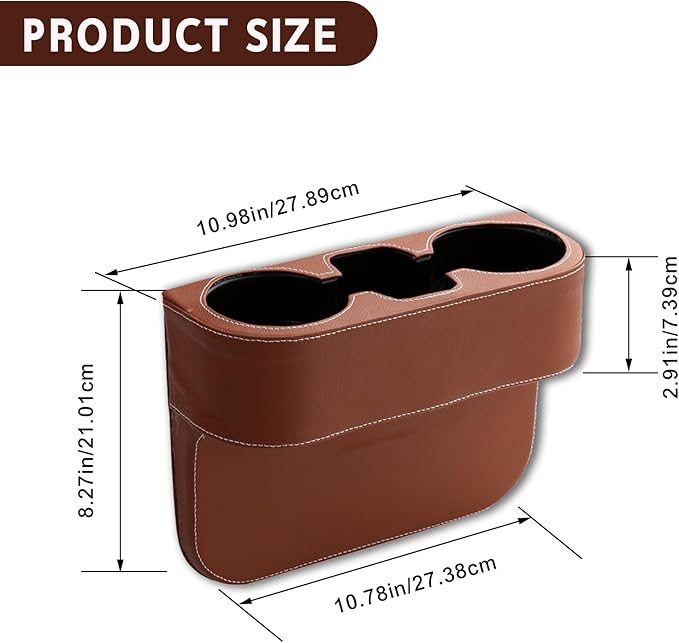 Car Cup Holder, PU Leather Auto Front Seat Organizer, Multifunctional Cup Drink Holders, Gap Filler Storage Box Coin Bucket Console Side Pocket Cell Mobile Phone Holder (Brown)