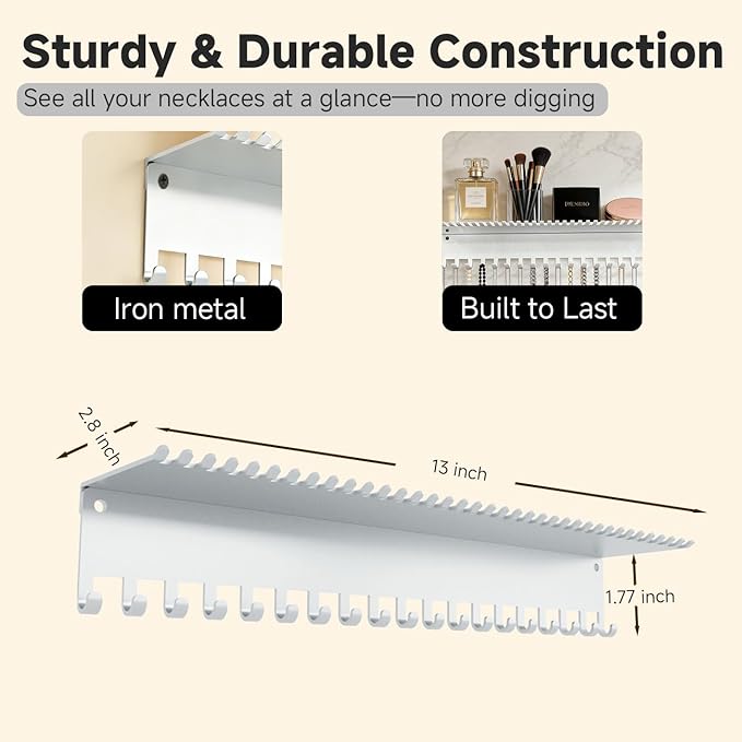 Necklace Jewelry Holder Wall Hanging Organizer Hangers Storage Mounted Shelf with 56 Hooks Tray Display Girls Women Metal Doo