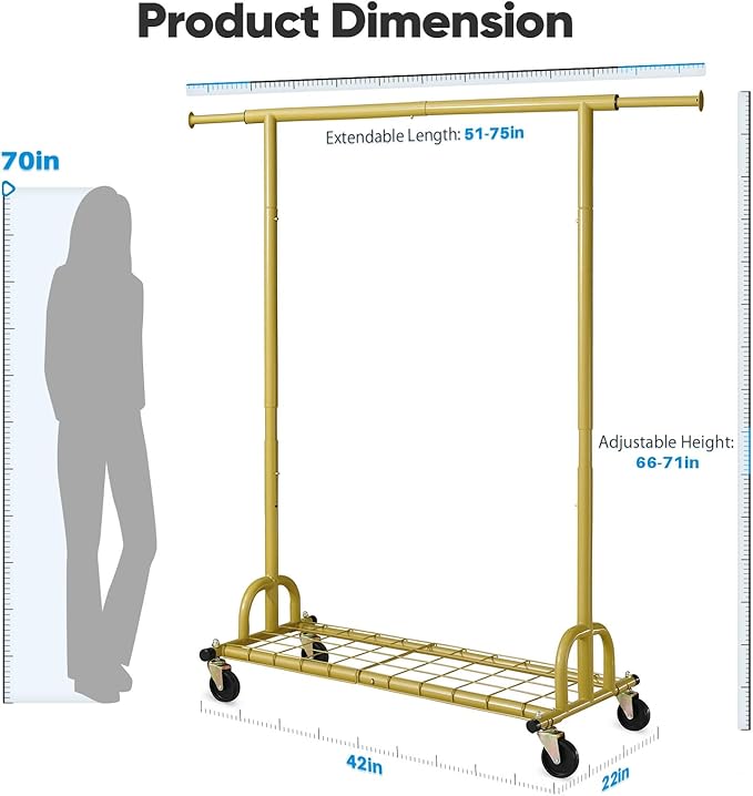HOKEEPER Clothing Rack Gold Clothes Rack Heavy Duty Garment Rack for Hanging Clothes 525LBS Commercial Clothing Racks with Wh