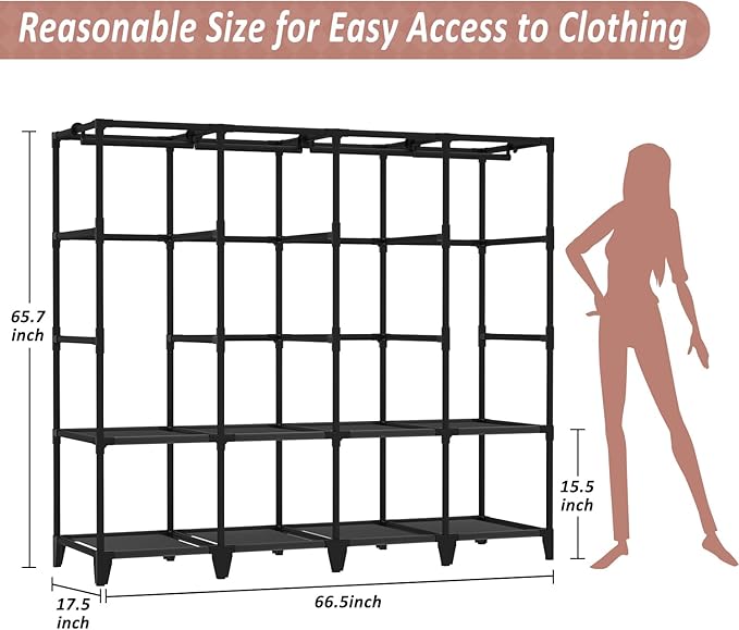 Wardrobe Closet, Quick and Easy Assembly, Gray Large Capacity Portable Closet with 4 Hanging Rods 8 Storage Shelves and 8 Sid