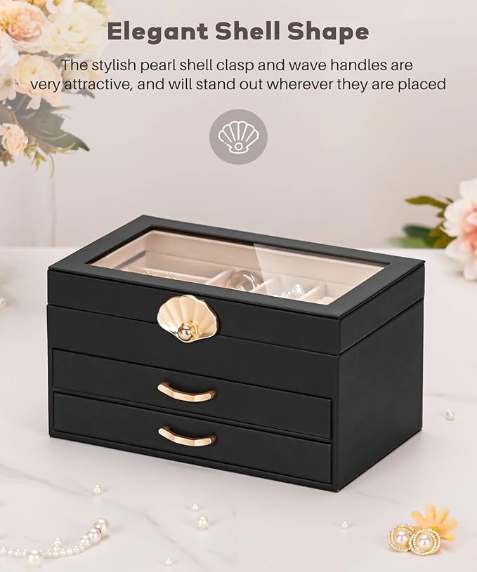 Enthralite Jewelry Box with 2 Drawers: Display Organizer for Earrings Necklaces - Gifts for Girls Women (Black)