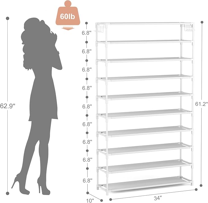 LANTEFUL 10 Tiers Shoe Rack 50 Pairs Large Capacity Tall Shoe Organizer Sturdy Shoe Storage with Two Hooks Space Saving Metal