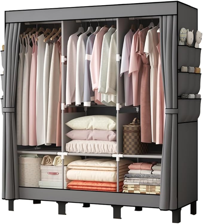Portable Closet, 51.18" Large Capacity Clothing Storage Organizer with 3 Hanging Rods 6 Shelves 18 Side Pockets, Dustproof St