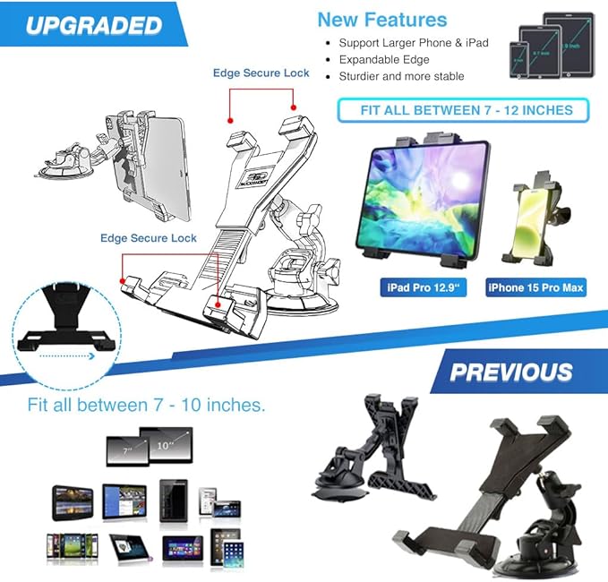 Randconcept 3-in-1 Heavy Duty Dashboard Tablet Holder for Car, Windshield Suction Cup Car Mount & Air Vent Mount for Truck Car for iPad Pro, iPad mini, Galaxy Tab for All iPad 6"- 12.9" Tablets