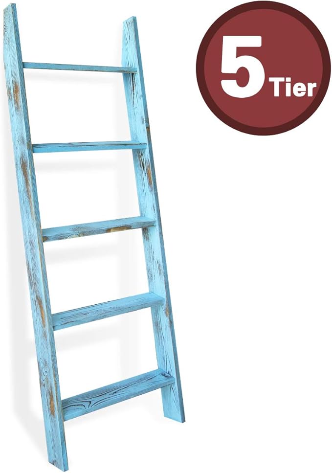 Honest Ladders for Living Room, 5-Tier Blanket Holder, Wall-Leaning Rack, Ladder Shelves, Wooden Quilt Ladder, Farmhouse Deco