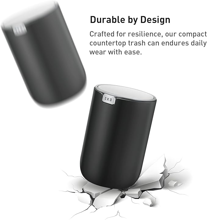 EKO Fandy 0.4 Gal/1.5L Mini Tabletop Trash Bin with Swing-Lid, Desktop Trash Can for Bathroom Countertop, Vanity, Coffee or Office, Small Garbage Bin (Black)