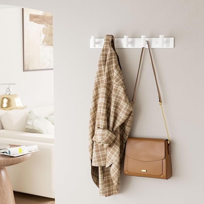 GWAAZXGZ White Wall Mounted Coat Rack – 5 T-Shaped Pegs for Hats, Bags & Towels, Heavy-Duty Metal Rail for Entryway, Bathroom
