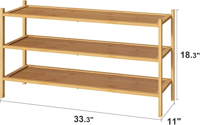 kiplant Long Shoe Rack, Bamboo Wood 3-Tier Shoe Rack for Entryway, Stackable | Foldable | Natural, Shoe Organizer for Hallway