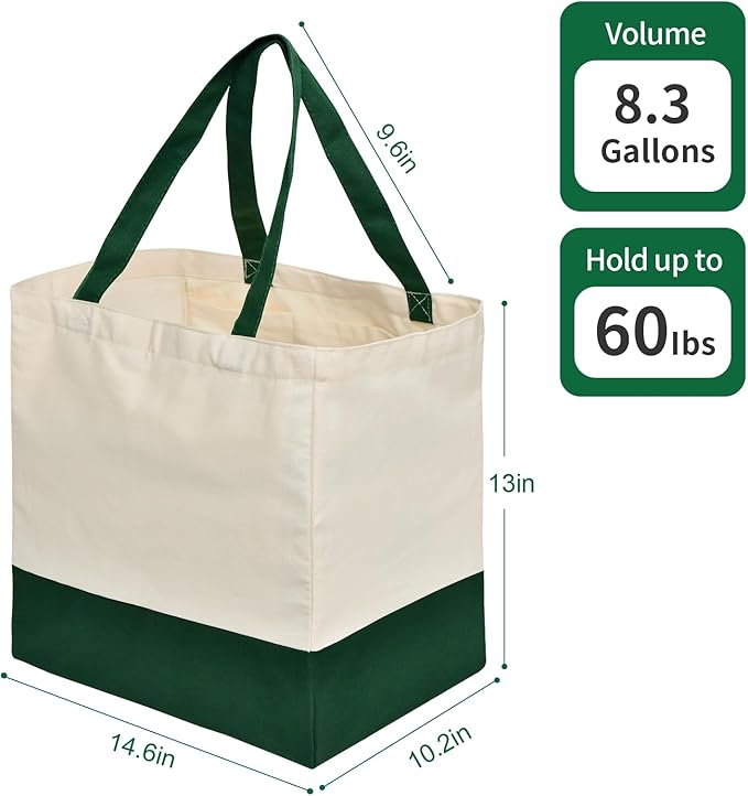 3 Pcs Reusable Grocery Bags - Heavy Duty Canvas Bag, 8.3 gal Foldable Large Canvas Tote Bag with Handles, Holds 60 lbs Tote Shopping Bags,100% Cotton（Retro Green）
