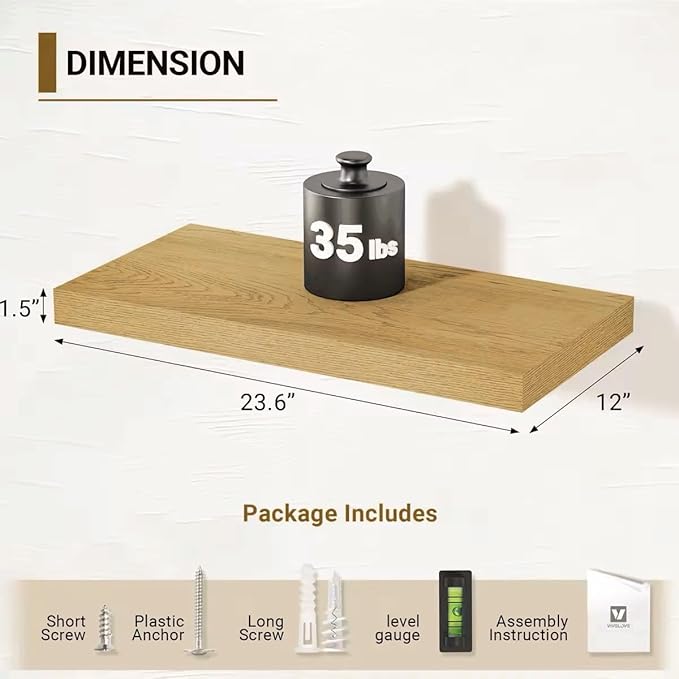 Vivelove 12 Inch Deep Floating Shelves 24 inch Long, Thick Wall Shelves with Invisible Brackets, for Bedroom Bathroom Living 