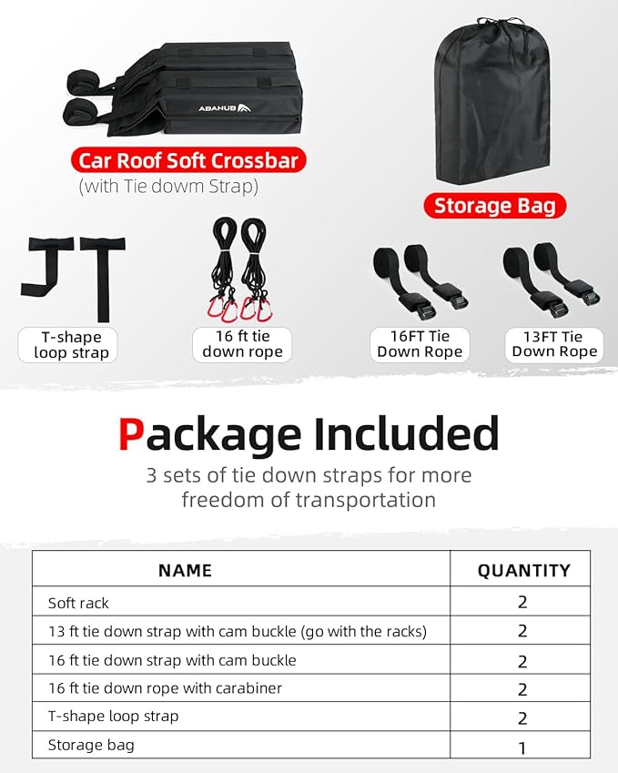 Abahub Soft Roof Rack Pads with 2 Tie Down Straps, 2 Tie Down Ropes, 2 Hood Loops and Storage Bag, for Surfboard, Kayak, Canoe, Heavy Duty Universal Car Roof Racks System