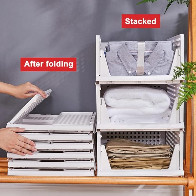 yazi Stackable Storage Bins,8 Pack Foldable Plastic Wardrobe Clothes Organizer Drawer Shelf Storage Basket Container Plastic 