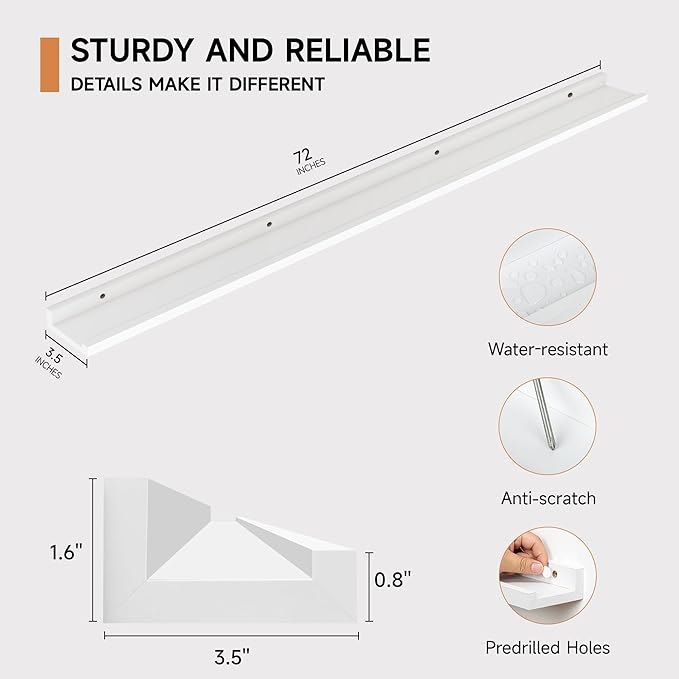 Floating Picture Ledge Shelves for Wall Set of 2, 72 Inches Picture Ledge Shelf with Long Large Nursery Book Shelf for Toys S