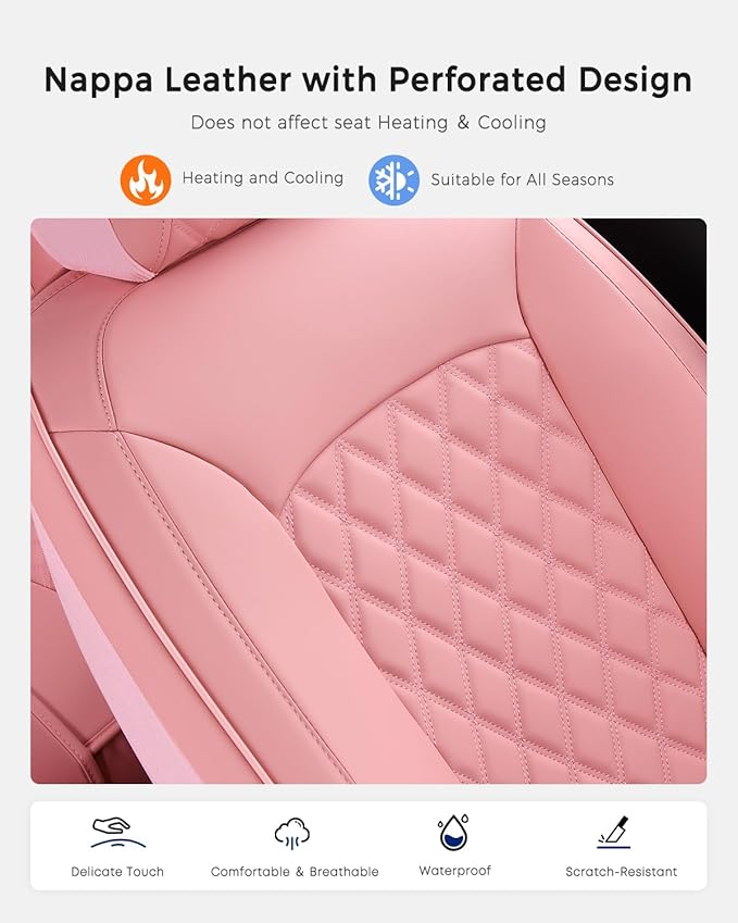 Huidasource Pink Front Seat Covers, Nappa Leather Front Car Seat Covers, Side Elastic Fabric, Compatible with Airbags, Seat B
