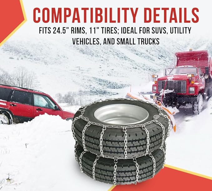 Mytee Products CAM Square Link Dual Snow Tire Chain Compatible w/ 24.5" Rim Diameter & 11" Wide Car Pickup Low-duty Trucks SU