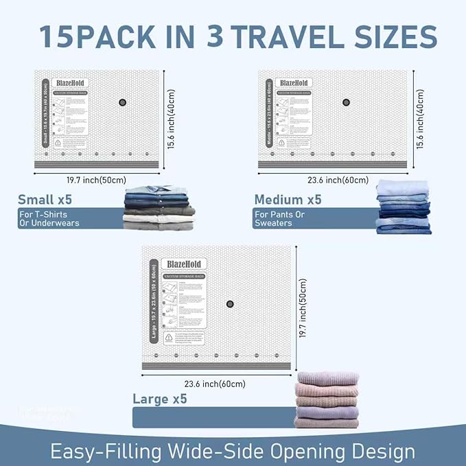 15 Pack Travel Vacuum Storage Bags with Rechargeable Electric Pump, Compression Packing Seal Bag for Luggage and Suitcase, 5 
