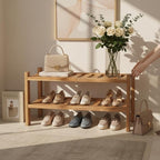Acacia Wood Shoe Rack 2 Tier (Brush Teak Finish) – Stackable Shoe Organizer Two Tier Shoe Rack – Sturdy Wooden Shoe Storage S