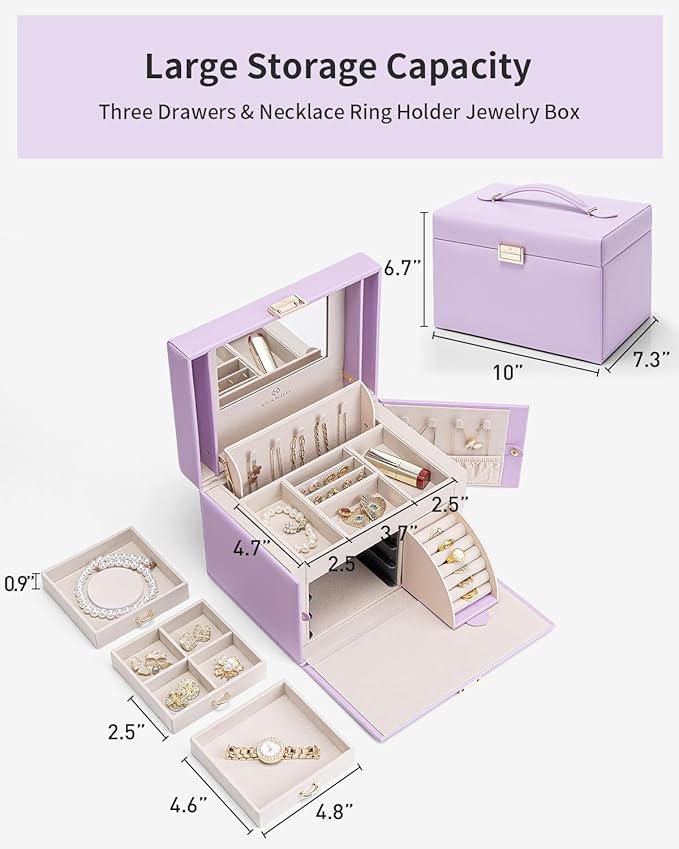 Vlando Jewelry Box Organizer for Girls Women, Large Baroque Jewelry Holder Organizer with Mirror, 3 Drawers for Bracelets, Ea
