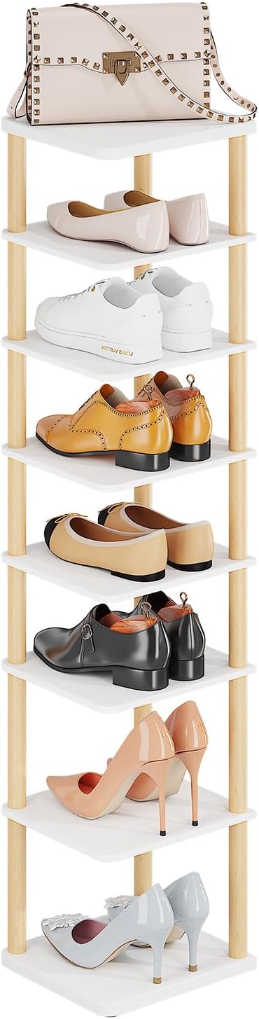 LUCKNOCK Vertical Shoe Rack, 8-Tier Tall Narrow Shoe Organizer for Entryway, Closet, Dorm & Small Spaces, Freestanding Wooden