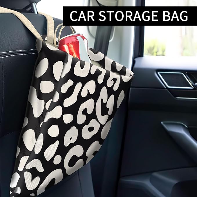 Car Trash Can, Cute Car Trash Bag, Hanging Car Organizer and Storage Bag, Trash Bin for Car Accessories, Vehicle, Travelling, Camping Black White Leopard