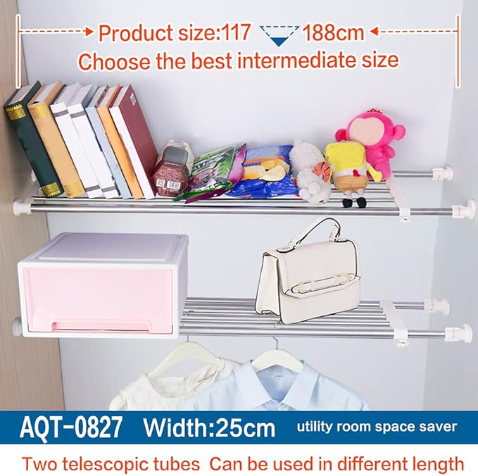 Hershii Expandable Tension Closet Shelf Rod Telescopic Stainless Steel Storage Rack Heavy Duty DIY Organizer Divider for Ward