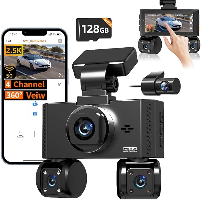 4 Channel Dash Cam Front and Rear Inside Left Right Car Dash Camera 360 View, 2.5K QHD Car Camera Supper Night Vision, 5G WiF