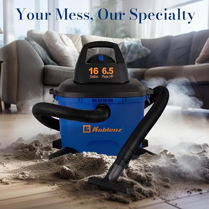 Koblenz Wet Dry Vacuum Cleaner, Large 16.0 Gallon Tank, 6.5 HP Powerful Vacuum for Dry and Wet Messes, Vacuum Cleaner and Blo