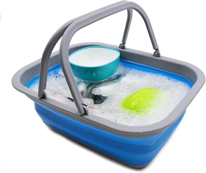 SAMMART 9.2L (2.37Gallon) Collapsible Tub with Handle - Portable Outdoor Picnic Basket/Crater - Foldable Shopping Bag - Space Saving Storage Container (1, Dark Grey/Blue)