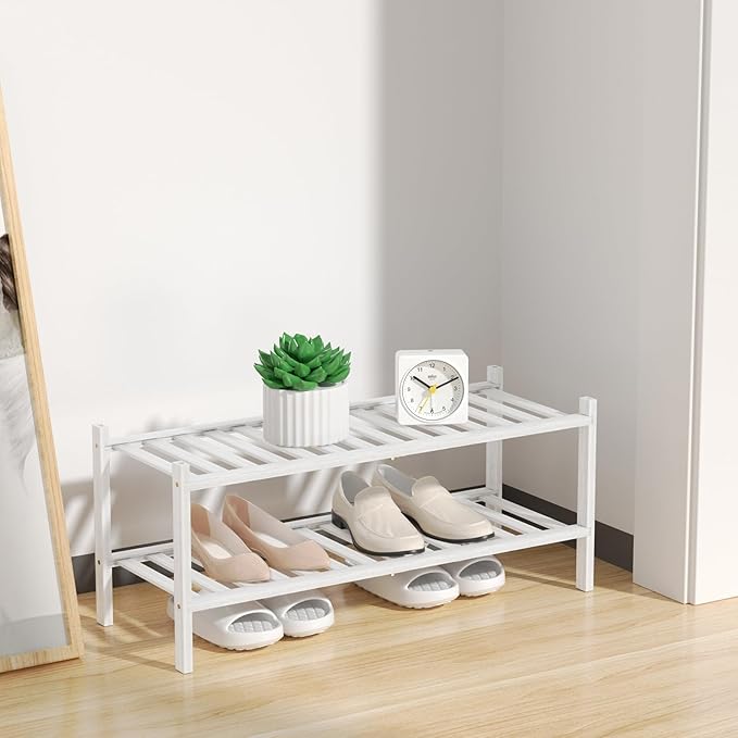RONGJlA 2 Tier Bamboo Shoe Rack for Closet Free Standing Wood Shoe Shelf Storage Organizer for Entryway Small Space Stackable