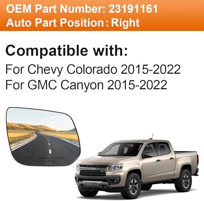Senzeal Passenger Side Heated Mirror View Convex Mirror Glass for Chevrolet Chevy Colorado GMC Canyon 2015-2022 Rearview Mirrors Glass Replaces 23191161 (Right Side)