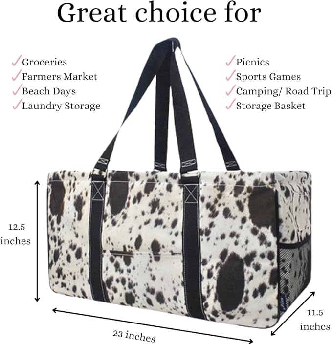 NGIL Extra Large Utility Tote Reusable Grocery Bag Oversized Collapsible for Groceries, Storage, Picnic, Beach (Cow Charm-Black)