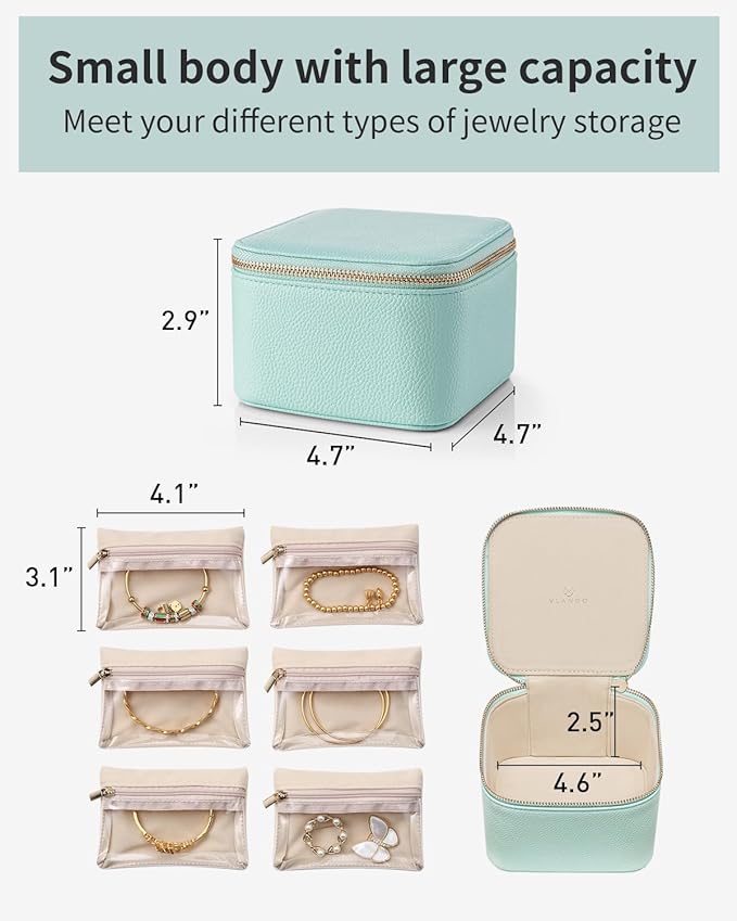 Vlando Travel Jewelry Box for Women Faux Leather Jewelry Box with 6 Velvet Jewelry Zipper Pockets Earrings Necklace Rings Sto
