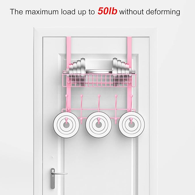 Coat Rack, Over The Door Hanger with Mesh Basket, Detachable Storage Shelf for Towels, Hats, Handbags, Coats (Pink)