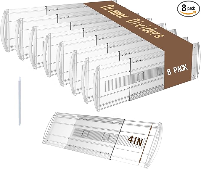 8 Pack Adjustable Drawer Dividers for Clothes,4" High Clear Expandable From 13-21" Drawer Organizers, PC Plastic Separators f